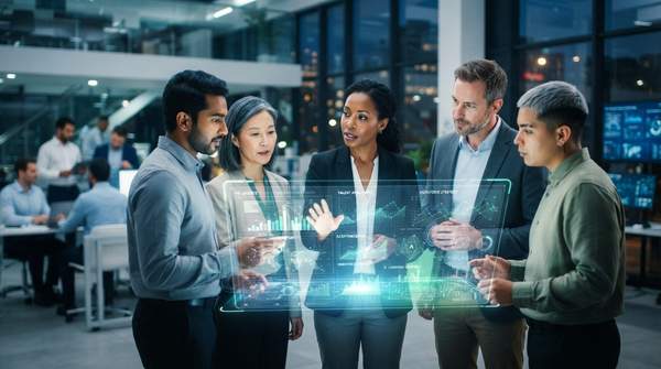 Diverse HR leaders strategizing with advanced AI technology, symbolizing the future of human-AI integration in leadership pipelines.