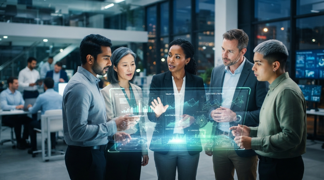Diverse HR leaders strategizing with advanced AI technology, symbolizing the future of human-AI integration in leadership pipelines.