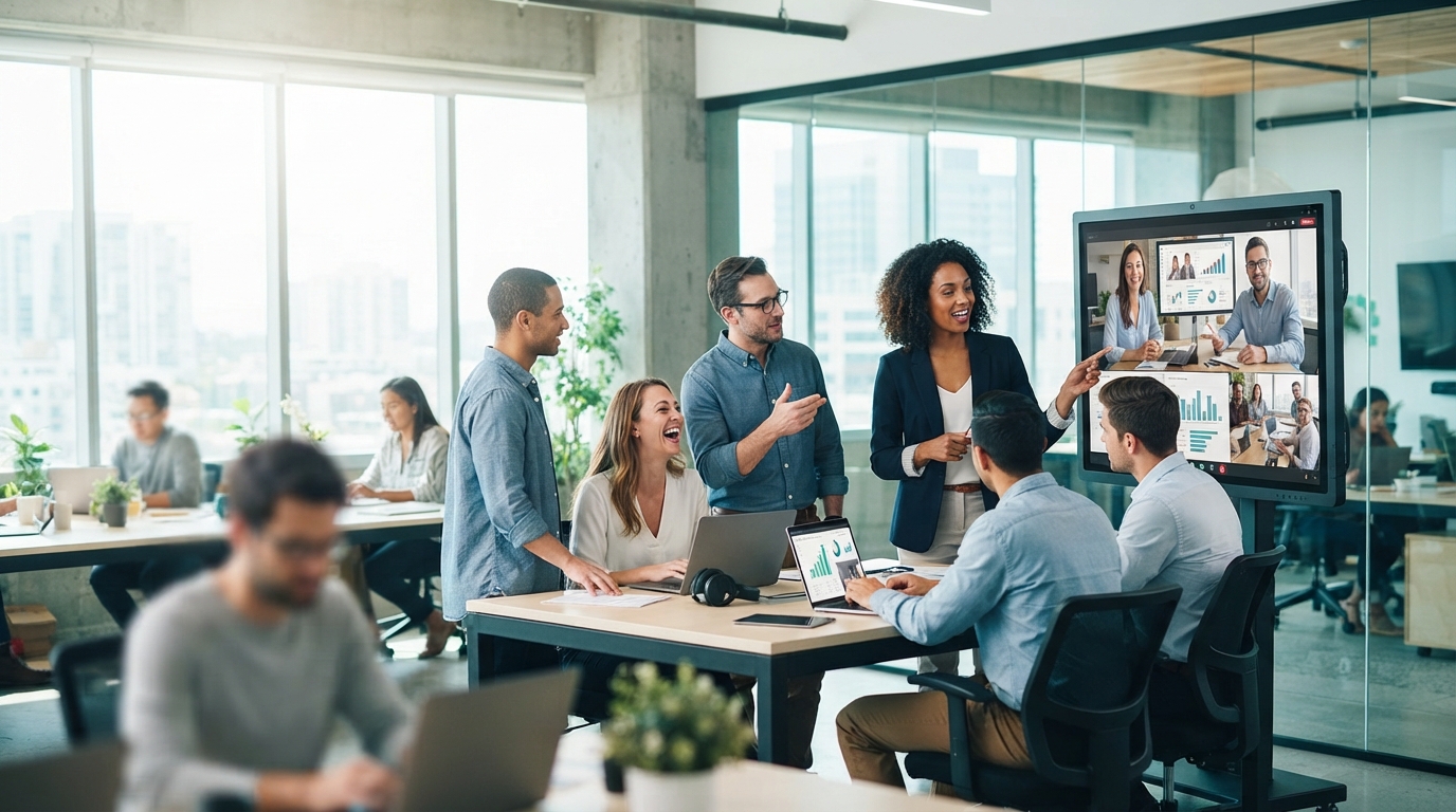 Diverse professionals collaborating in a modern hybrid office, blending physical and virtual interactions, symbolizing effective teamwork and flexibility.
