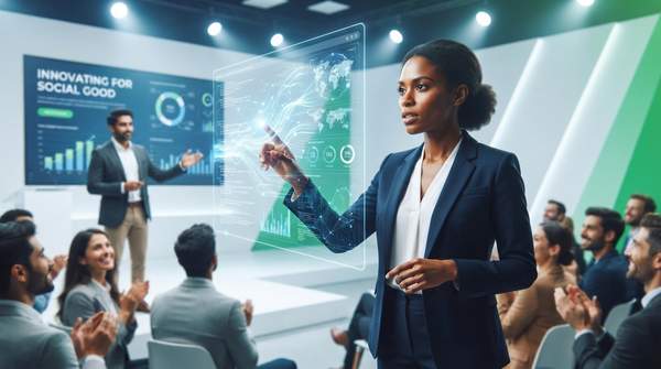 Diverse founders presenting innovative AI solutions on stage at Blackbaud's Social Good Pitch Competition, highlighting technology for social impact.