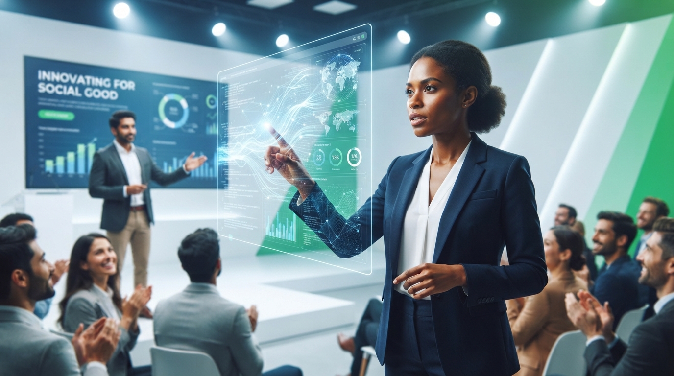 Diverse founders presenting innovative AI solutions on stage at Blackbaud's Social Good Pitch Competition, highlighting technology for social impact.