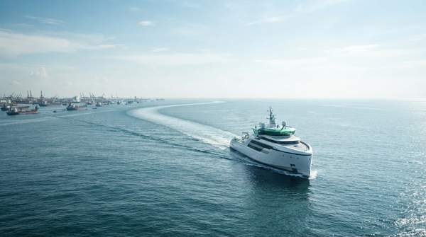 A lone ship sailing into an open, blue ocean, symbolizing the creation of new market space away from crowded competition.