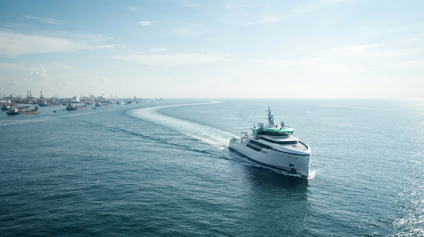 A lone ship sailing into an open, blue ocean, symbolizing the creation of new market space away from crowded competition.