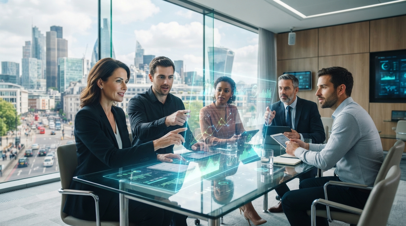 Business leaders collaborating with an advanced AI interface in a modern boardroom, visualizing data and strategic insights for future business planning.