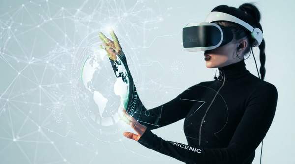 Futuristic cityscape with AI interfaces and business professionals observing data visualization, representing emerging enterprise technologies for 2026.