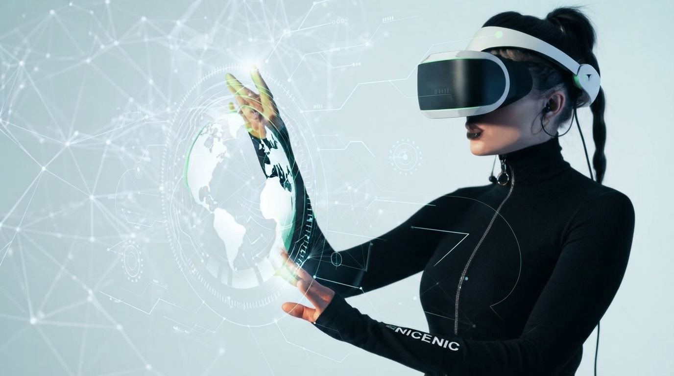 Futuristic cityscape with AI interfaces and business professionals observing data visualization, representing emerging enterprise technologies for 2026.