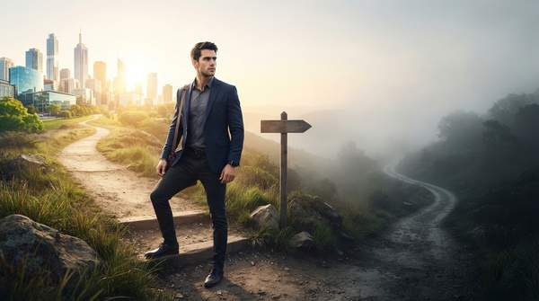 Startup founder at a crossroads, choosing between a path of growth and a path of potential legal and financial risks.
