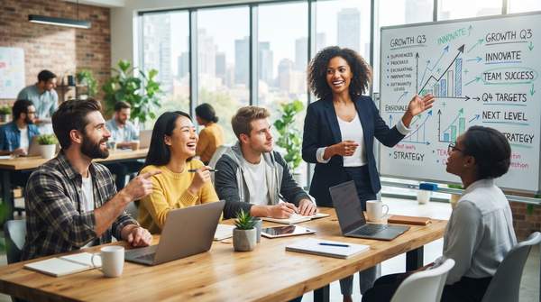 Diverse team collaborating effectively in a bright office, led by an inspiring leader, symbolizing successful leadership principles.