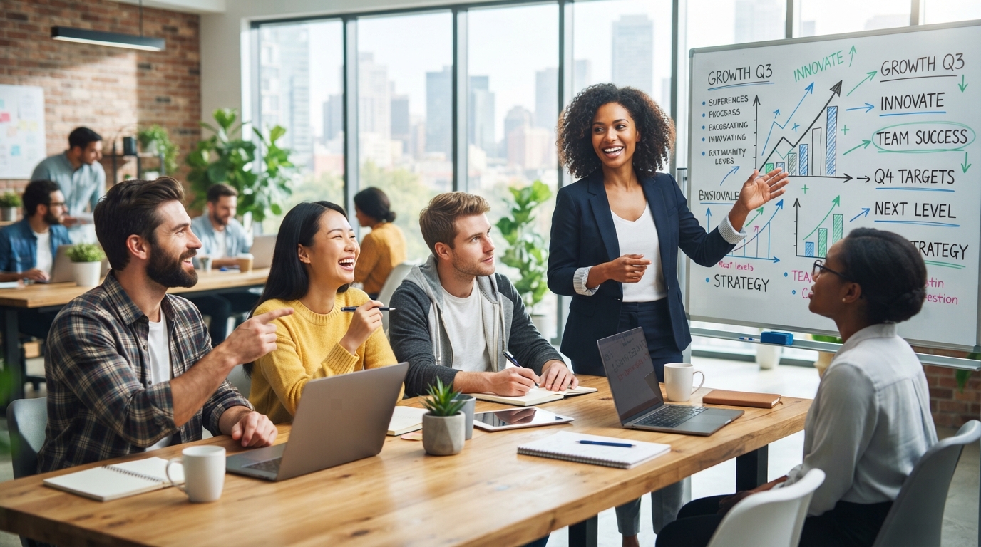 Diverse team collaborating effectively in a bright office, led by an inspiring leader, symbolizing successful leadership principles.
