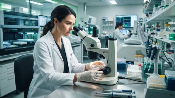 Scientist in a lab coat examining a blood culture sample under a microscope, with advanced diagnostic equipment in the background, highlighting the contrast between traditional and modern methods.