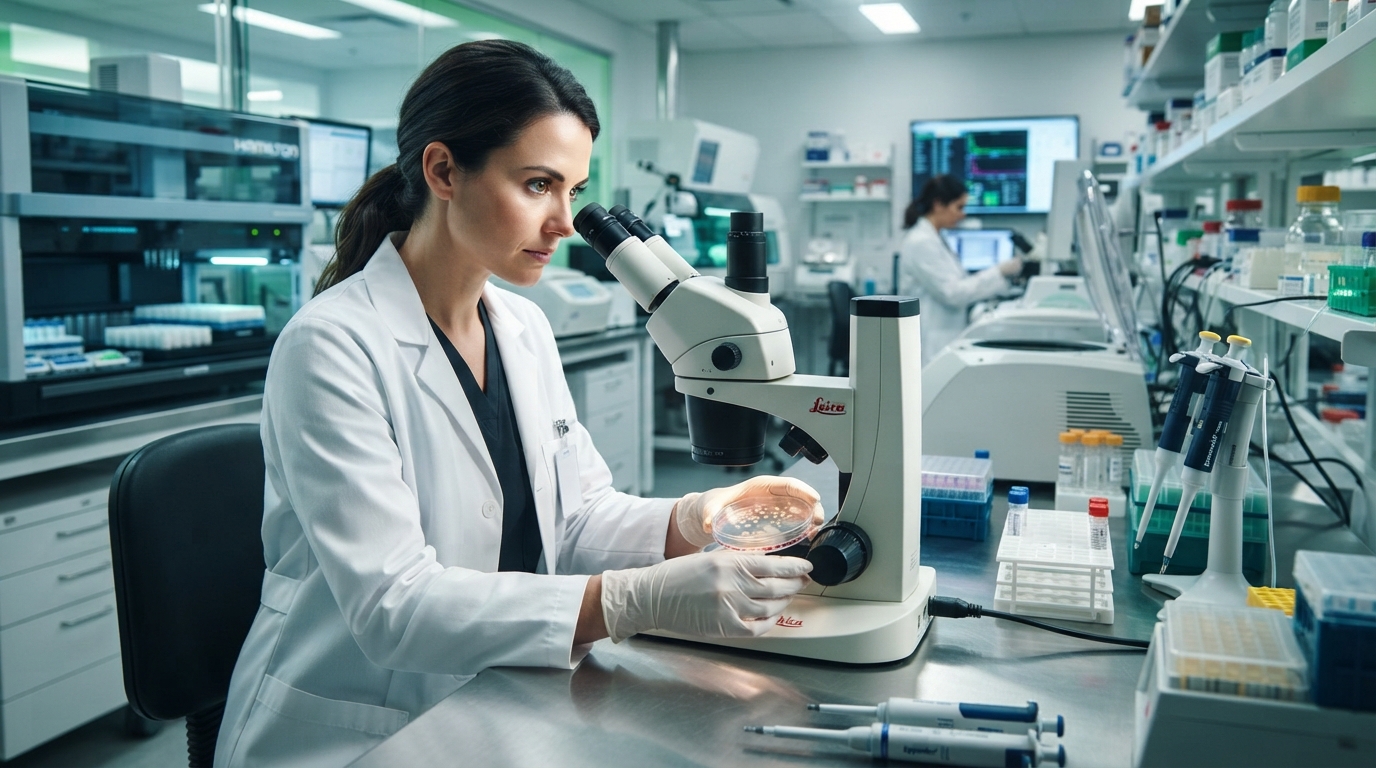 Scientist in a lab coat examining a blood culture sample under a microscope, with advanced diagnostic equipment in the background, highlighting the contrast between traditional and modern methods.