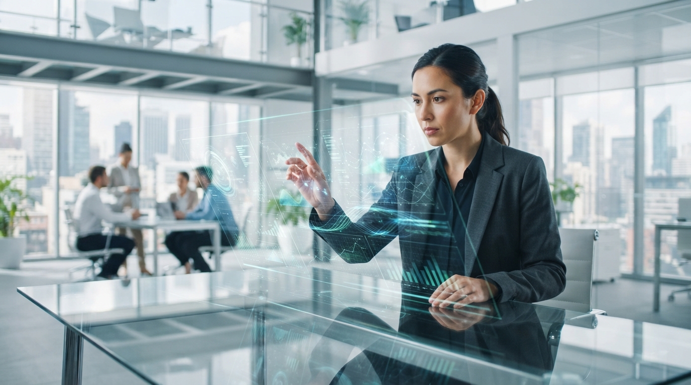Cinematic scene of AI integration in business, with glowing data streams and modern architecture, representing strategic advancement and innovation.