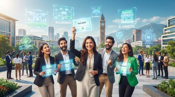 Young entrepreneurs in Punjab celebrating receiving seed grants, with holographic startup ideas symbolizing innovation and growth in the state.