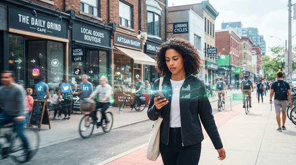 Small businesses on a street with social media data streams flowing around them, symbolizing missed market research opportunities.