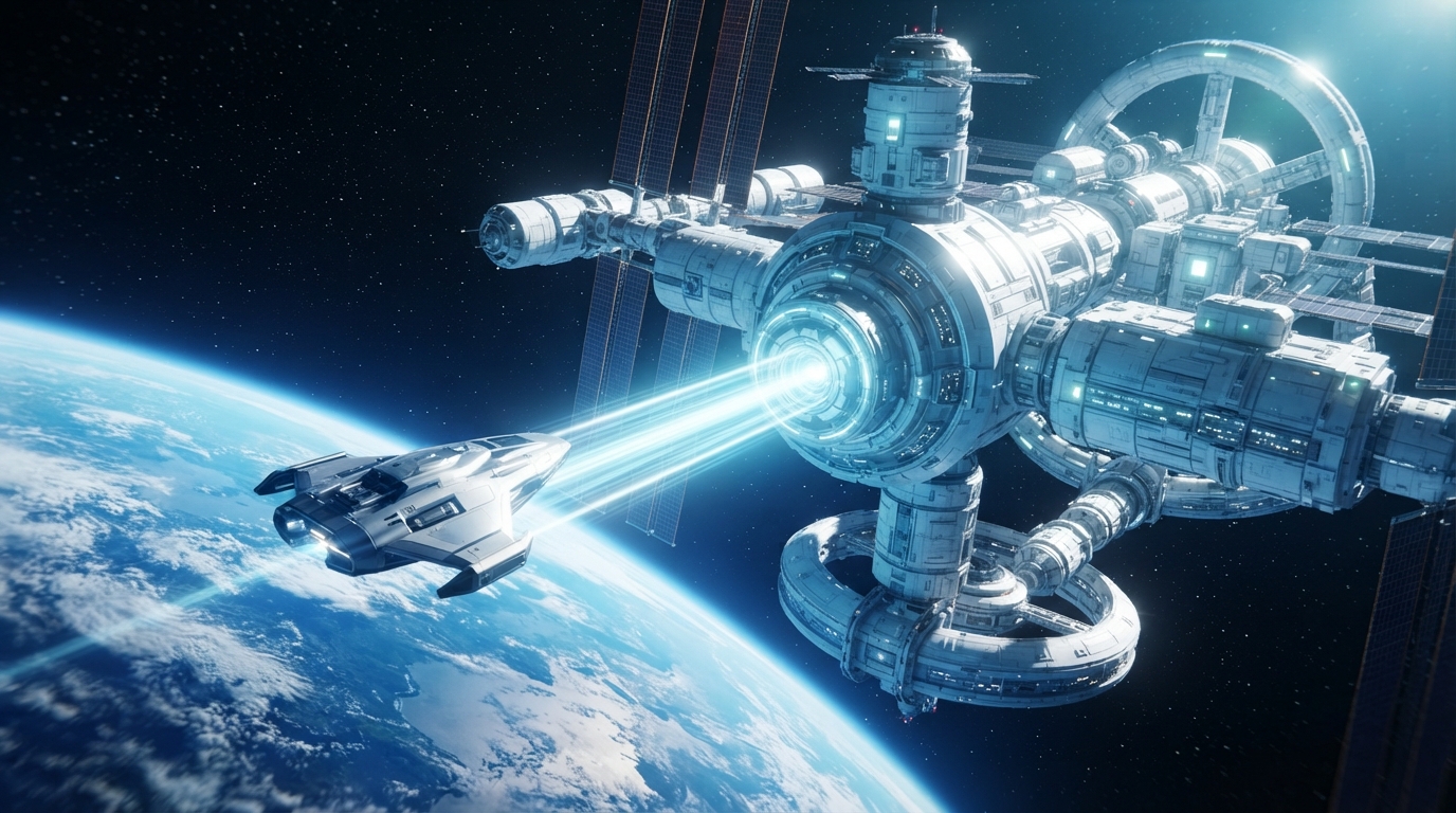 A small startup spaceship successfully docks with a large enterprise space station, symbolizing a strategic partnership that drives mutual growth and innovation.