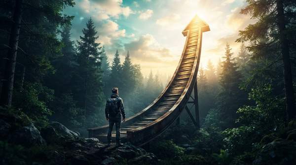 A stylized J-curve graph emerging from a forest, illuminated by golden light, representing the challenging but rewarding path of startup growth.