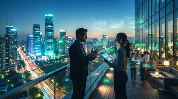 Futuristic cityscape with holographic data streams, representing accelerated VC funding and deal-making at tech conferences in 2026.