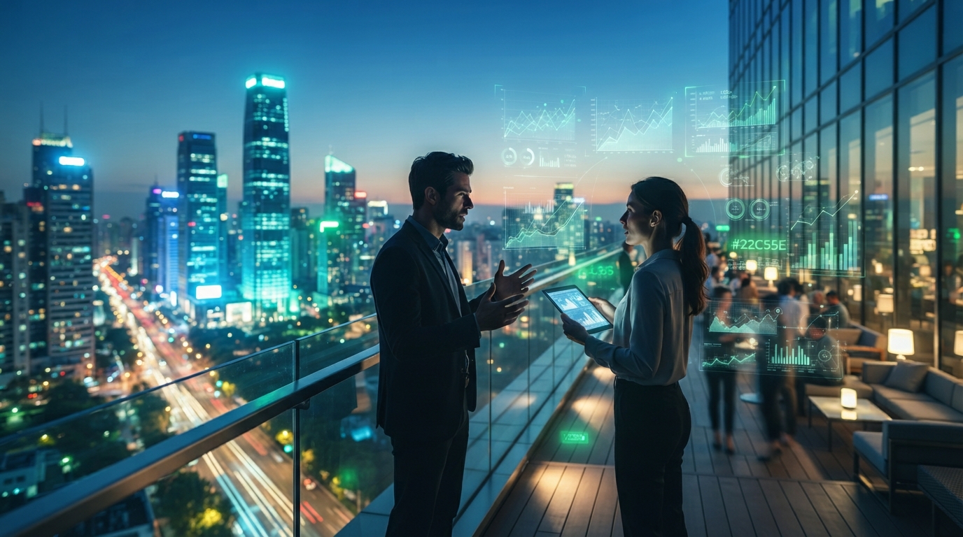 Futuristic cityscape with holographic data streams, representing accelerated VC funding and deal-making at tech conferences in 2026.