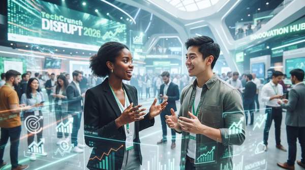 Diverse startup founders actively networking and collaborating at TechCrunch Disrupt 2026, showcasing innovation and partnership opportunities.