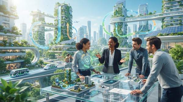 Futuristic cityscape demonstrating circular economy principles with integrated nature, closed-loop resource flows, and collaborative innovation.